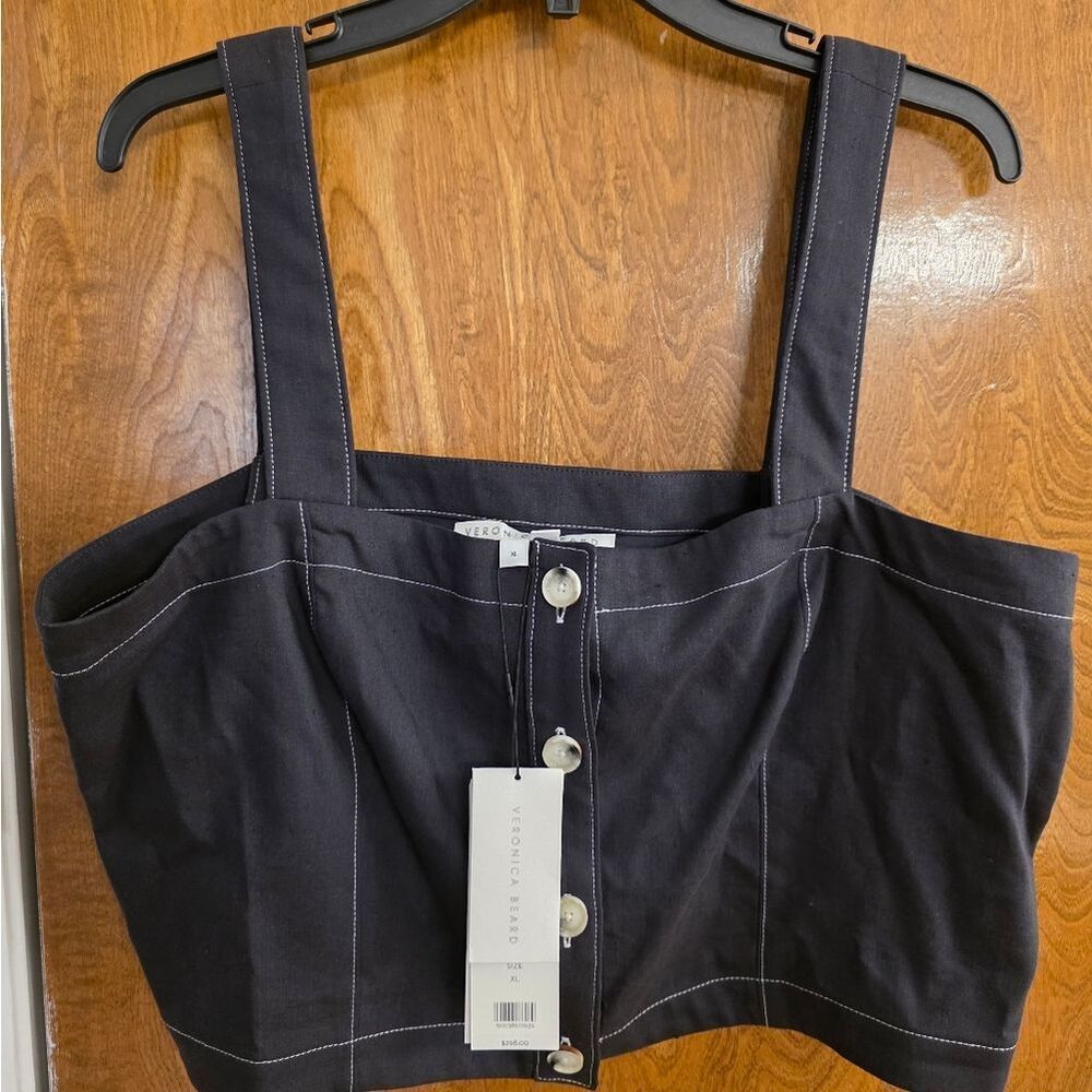 Veronica Beard Tiffany Linen Button-Front Crop Top NWT XL $298 NAVY BLUE - Picture 6 of 9